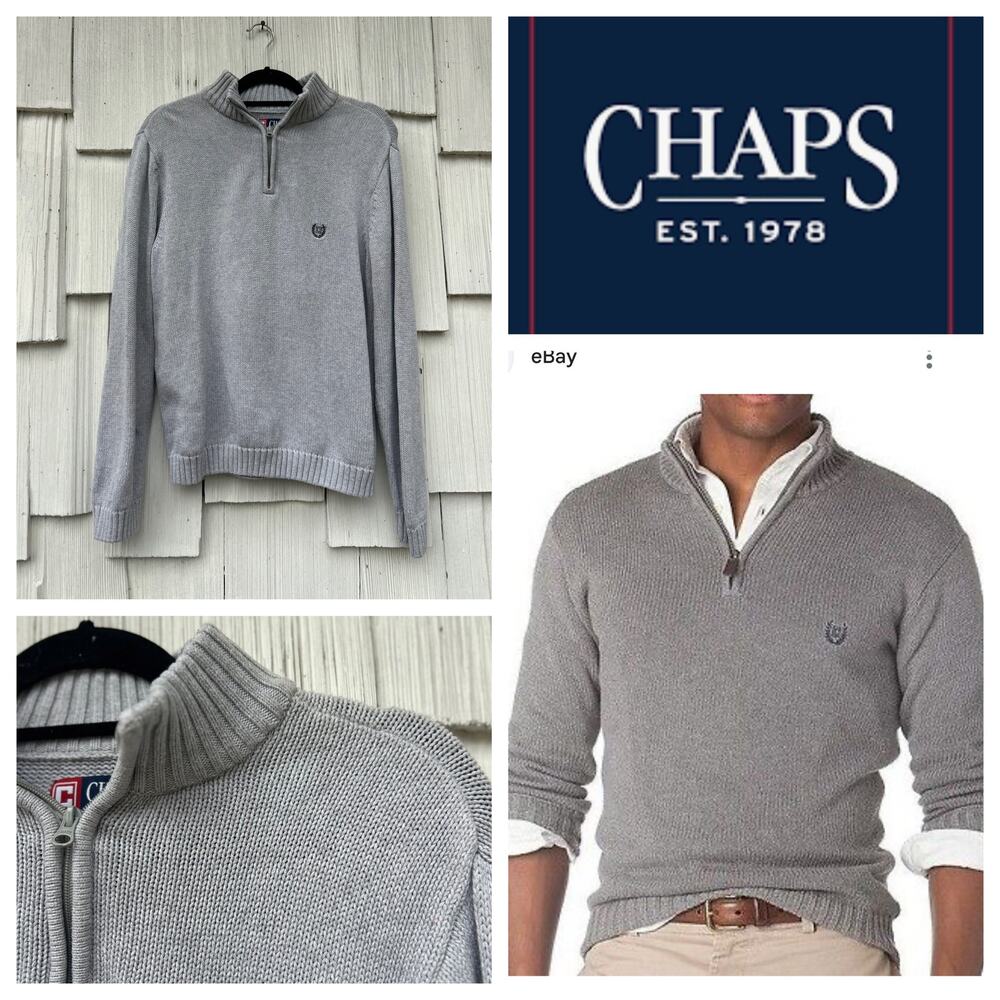 Chaps Mens Gray Cotton Quarter Zip‎ Sweater Knit Pullover Mock Neck Size M